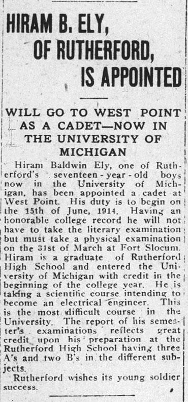 Image of newspaper article which reads in part: Hiram B Ely of Rutherford is appointed. Will go to West Point as a Cadet