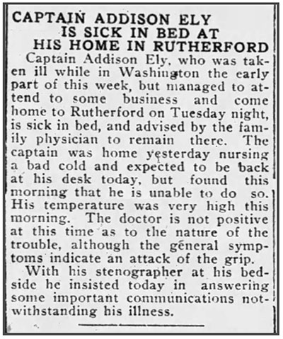 Image of newspaper article which reads in part: Captain Addison Ely is sick in bed at his home in Rutherford