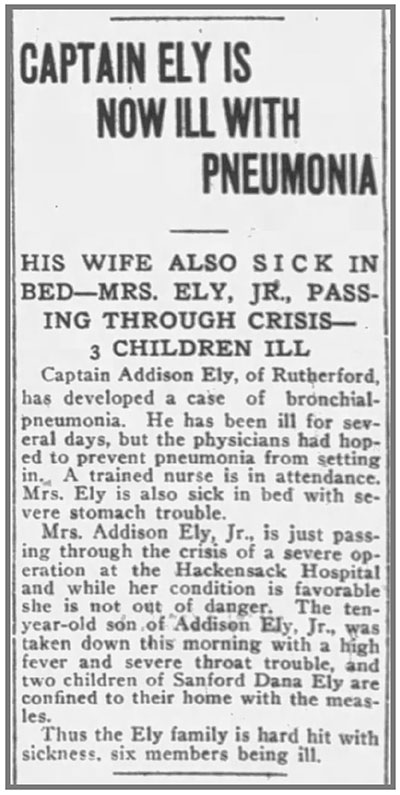 Image of newspaper article which reads in part: Captain Ely now ill with pneumonia. His wife also sick in bed.