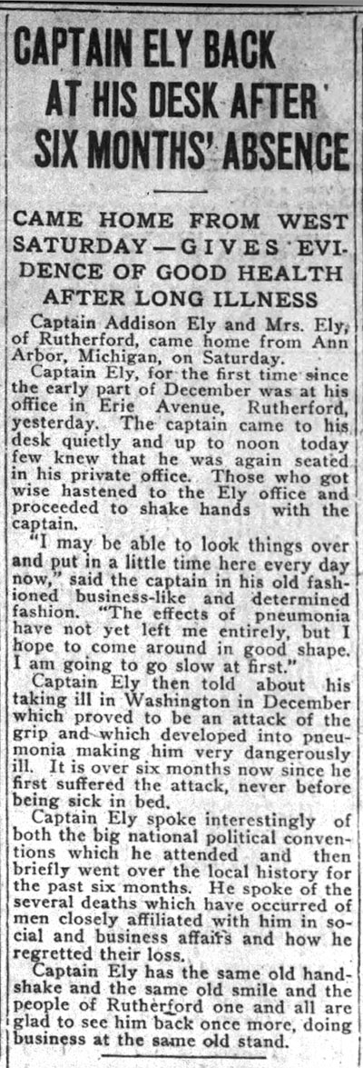 Image of newspaper article which reads in part: Captain Ely back at his desk after six months absence