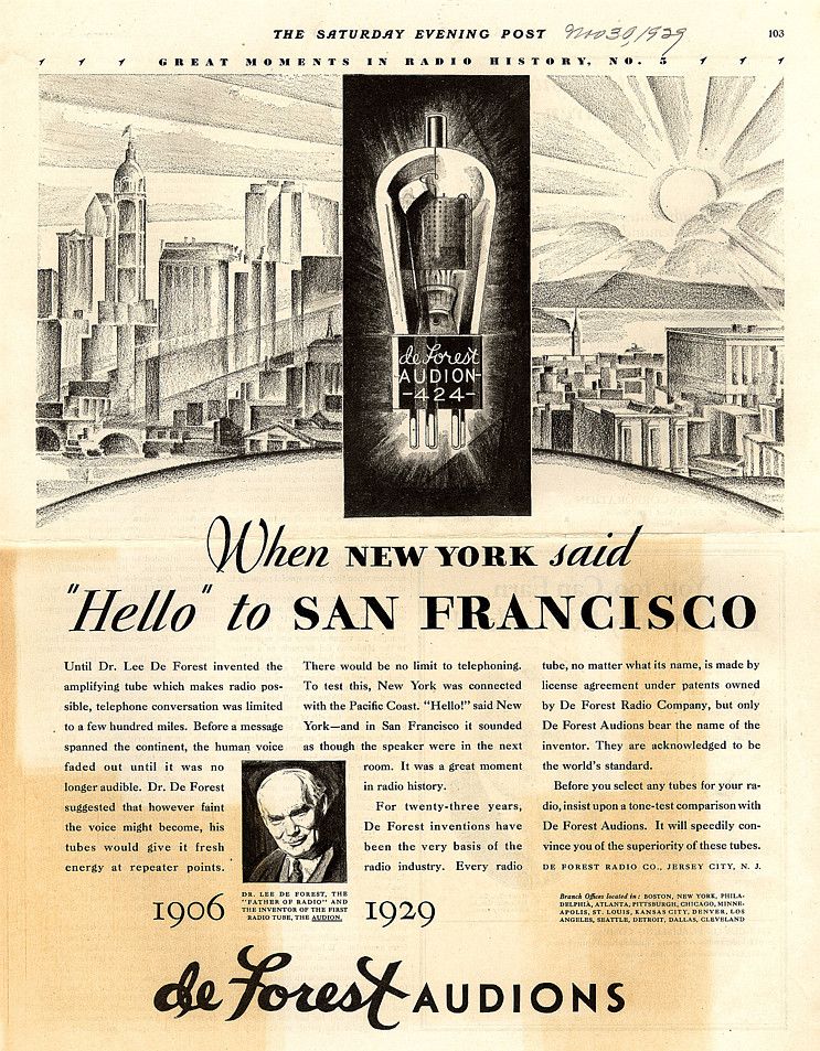 image from The Saturday Evening Post, 1929, de Forest audions, history of radio telephony