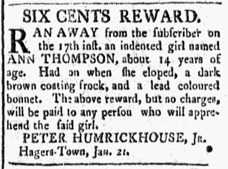 1811 newspaper ad for a runaway indenture servant