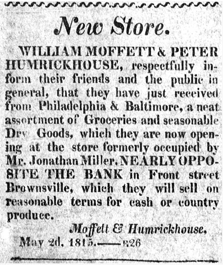 1815 William Moffet and Peter Humrickhouse shop ad
