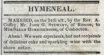 wedding announcement of John G Stewart of Roscoe to Sarah Humrickhouse of Coshocton on 24th December